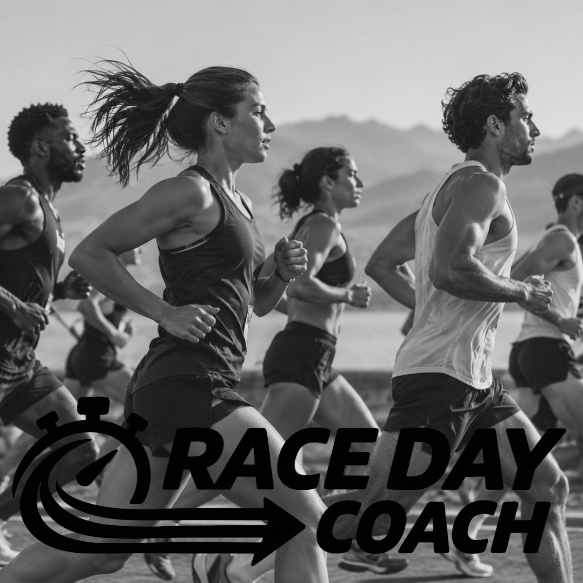A group of runners with the Race Day Coach logo.