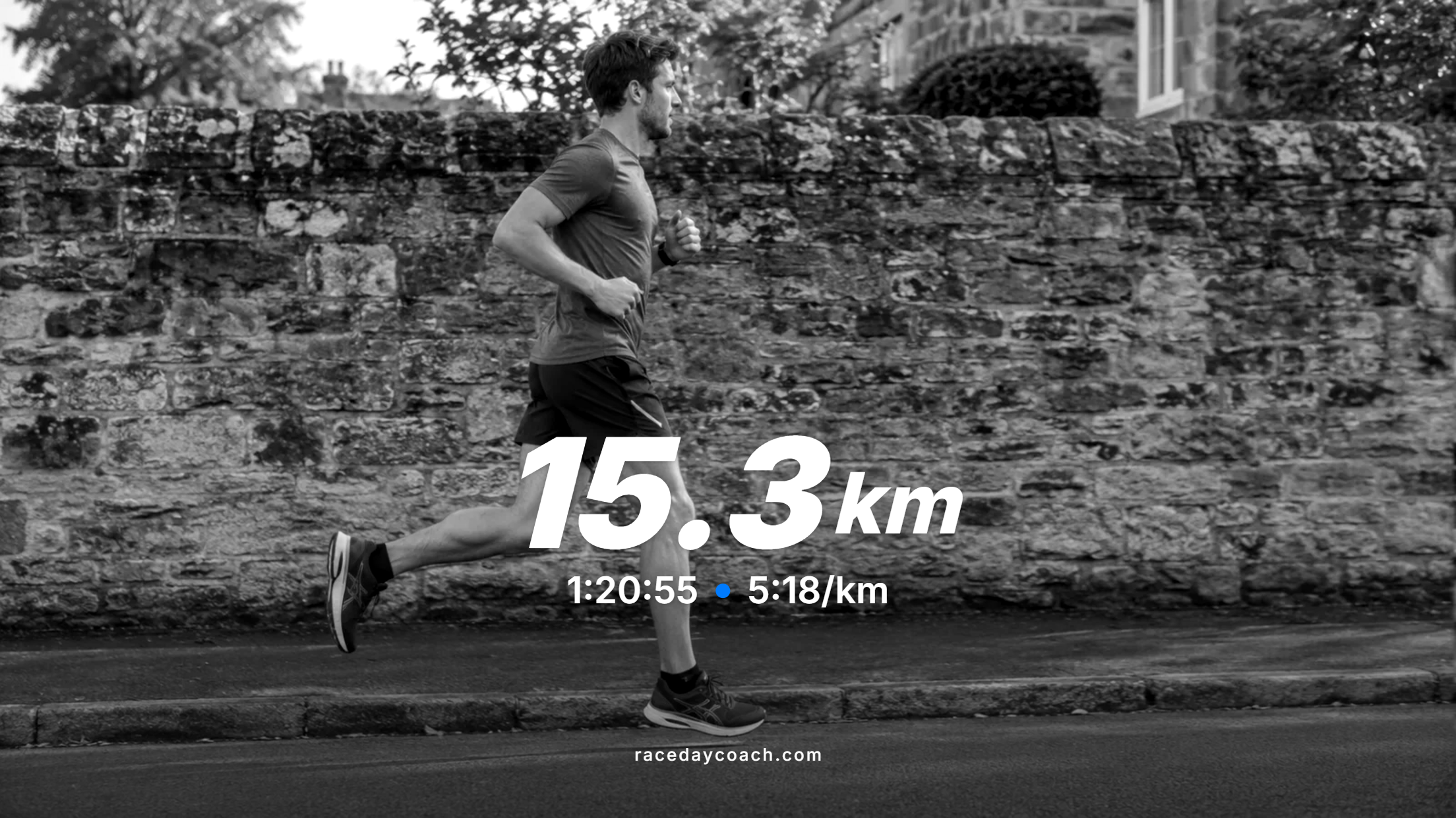 Race Day Coach running activity showcase: a runner with 15.3 km, 1:20:55 duration, and 5:18/km pace.